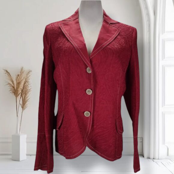 Akris Structured Jacquard Silk Blazer Size 12 Three Button Lightweight Jacket